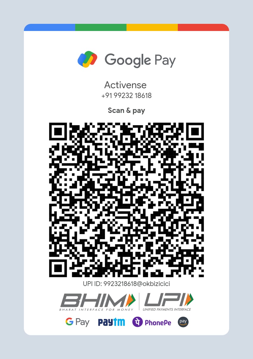 UPI QR code for Activense. UPI ID 9923218618@okbizicici